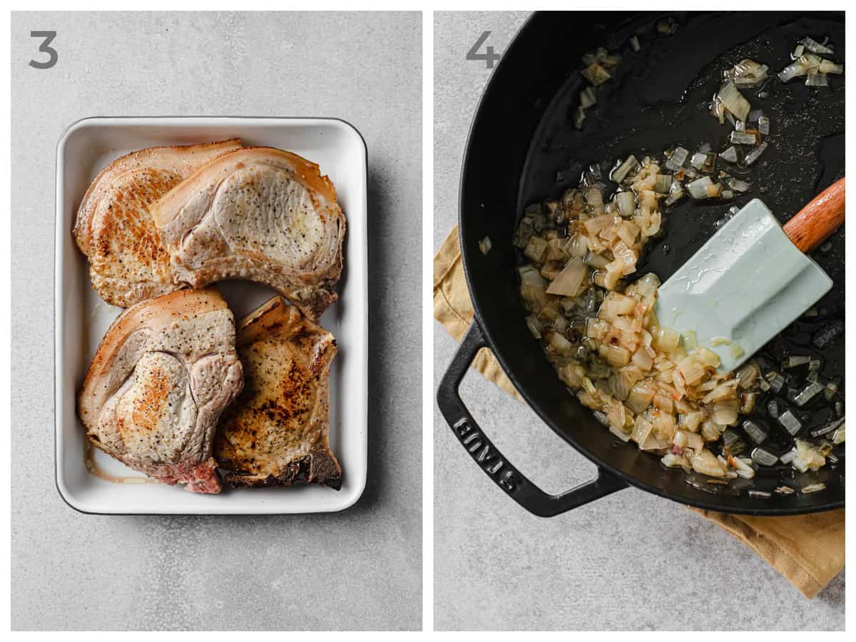 Left - cooked pork chops on a plate - right - skillet with sauteed shallots