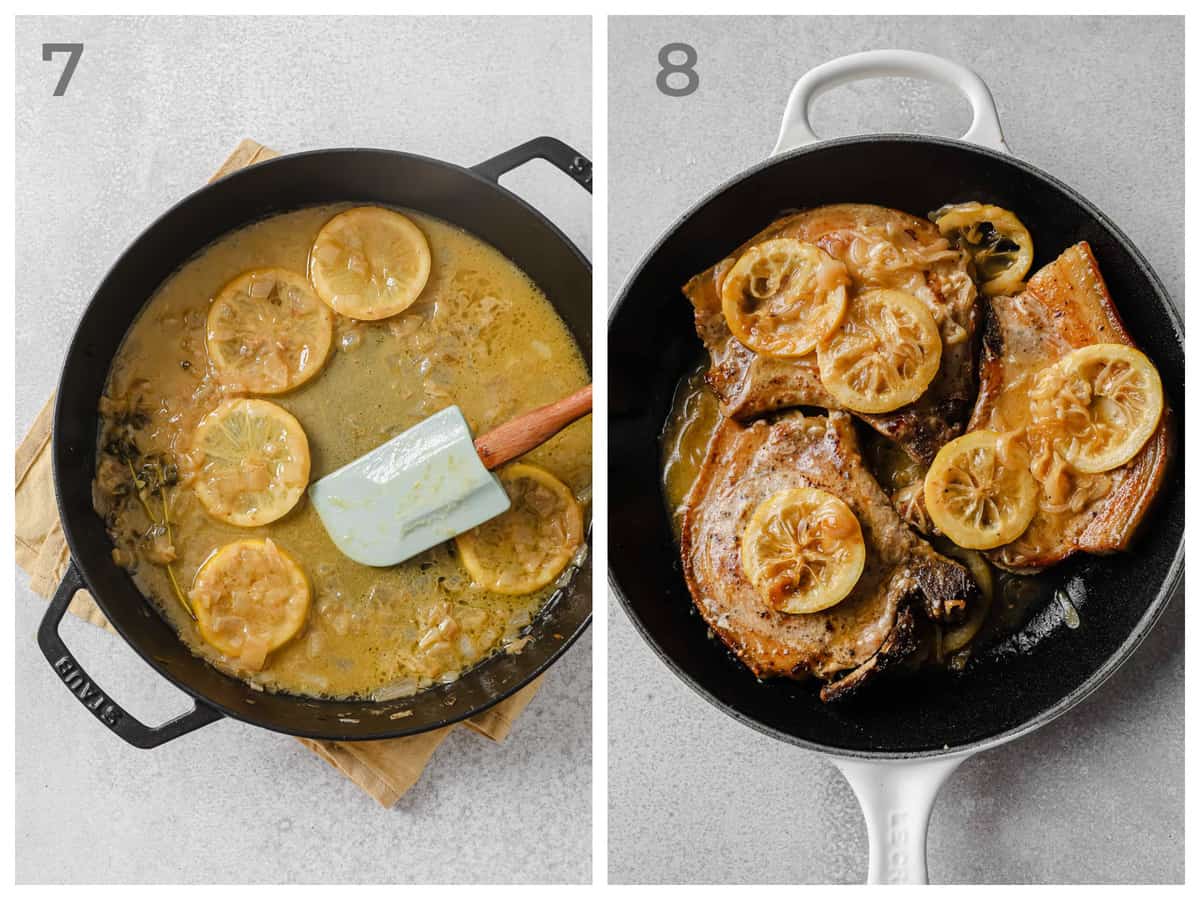 skillet with pan sauce - lemon, thyme butter, chicken stock