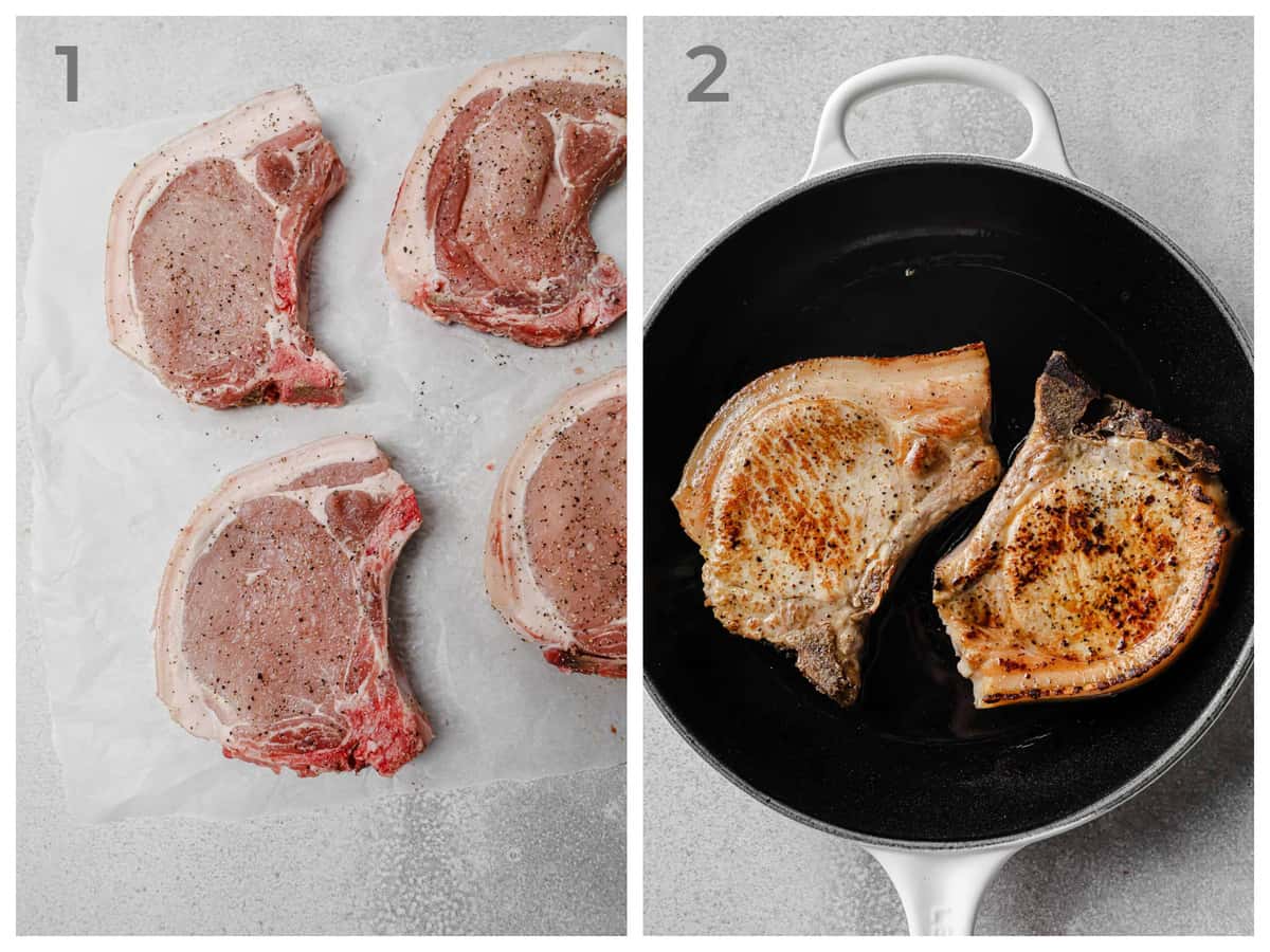Left - raw pork chops seasoned with salt and pepper - Right - pan-seared pork chops